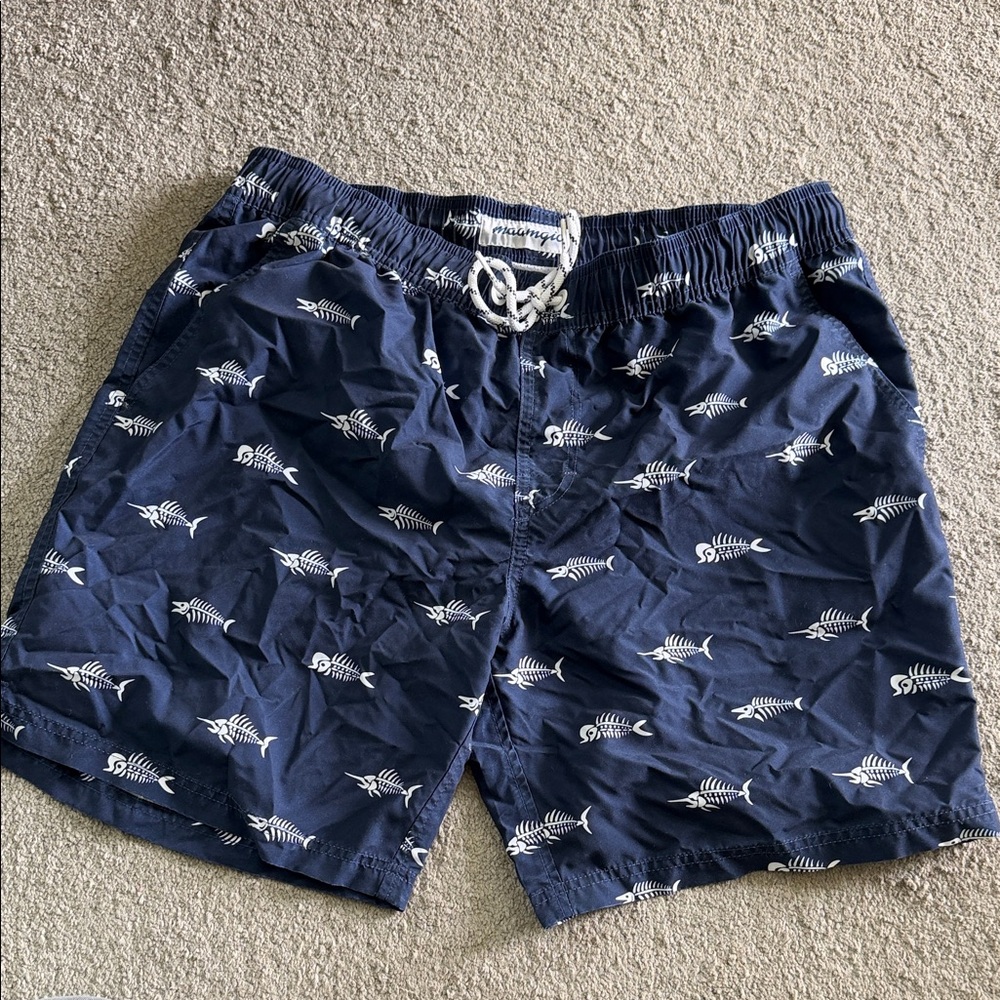 Navy Fishbone Print Swim Shorts with Drawstring